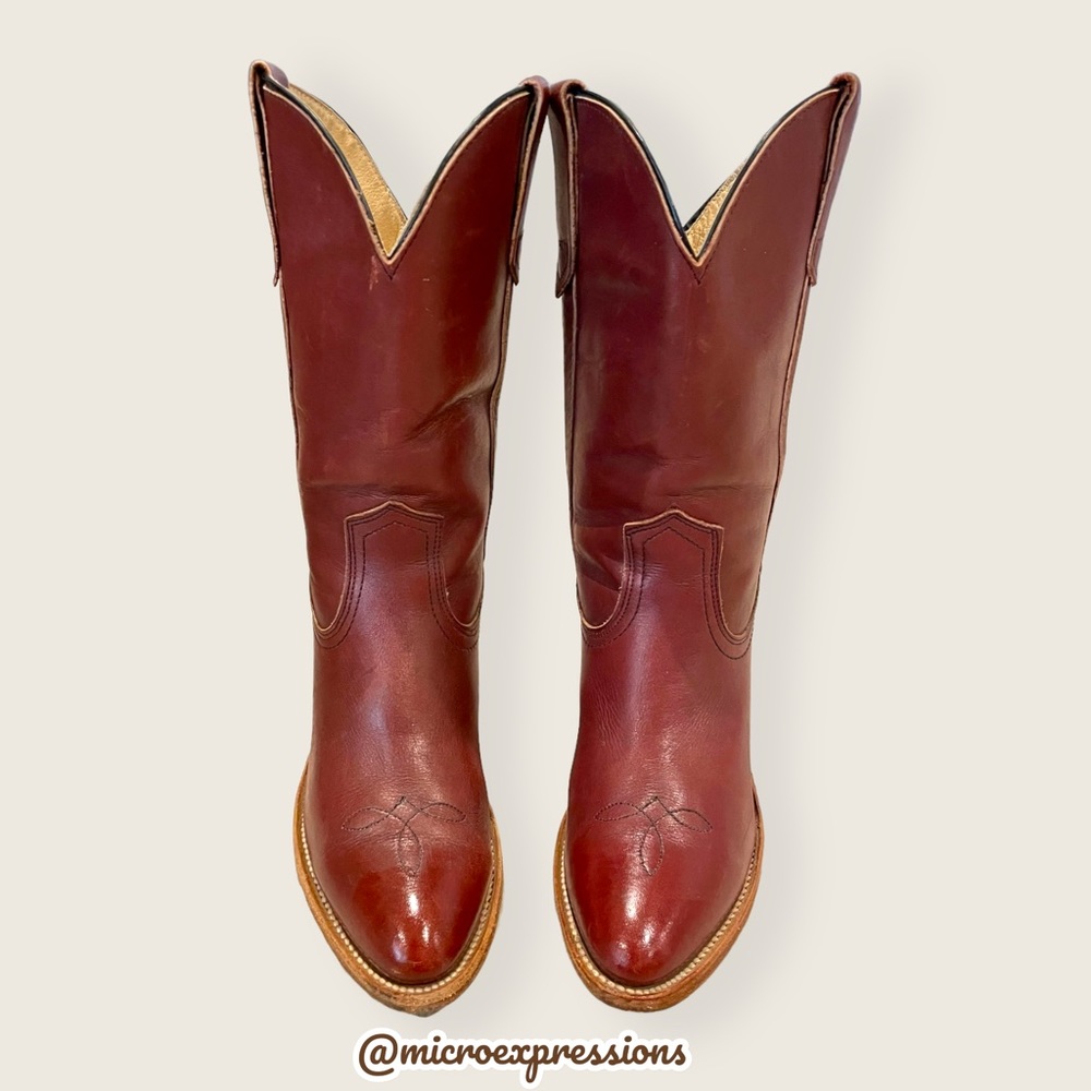 1990’s Frye Vintage Leather Pull On Red Cognac Heeled Cowboy Western Cute Bootie - Picture 6 of 13